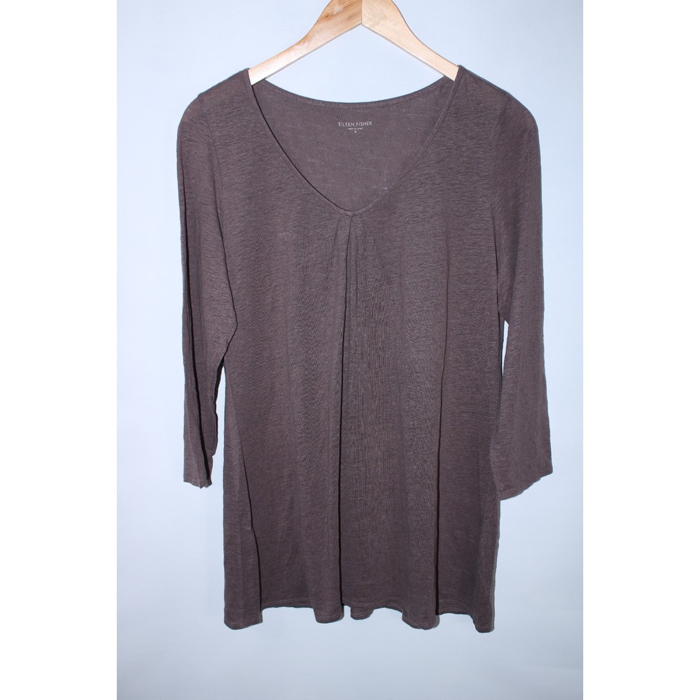 Eileen Fisher Women's Medium Brown Scoop Neck Linen Blouse